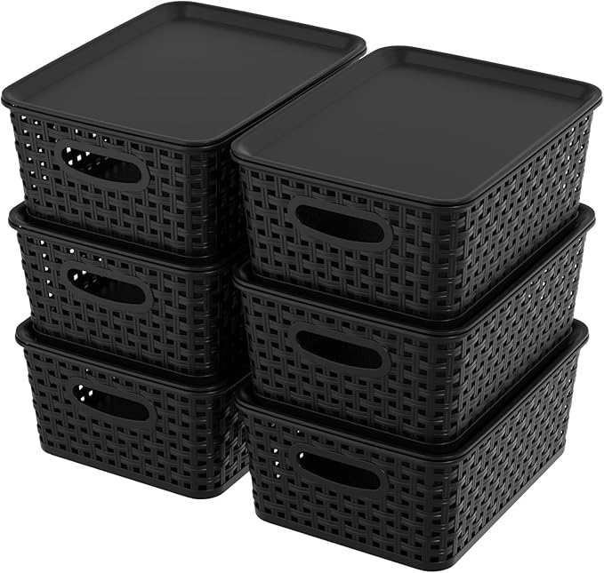 6 Pack Plastic Storage Baskets Bins with Lid, Stackable Lidded Storage Containers for Organizing, Black