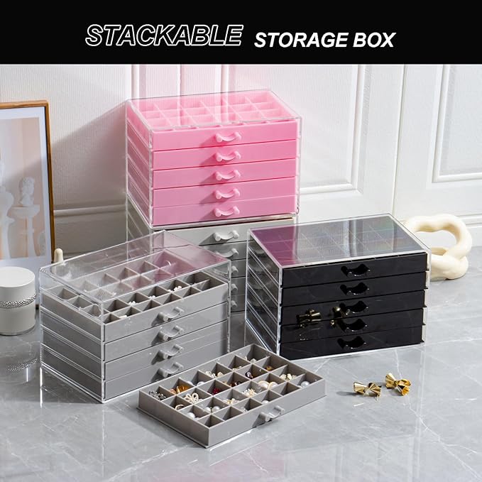Earring Storage Box Organizer, Acrylic Jewelry Storage Box Holder 5 Drawers Transparent Jewelry Display Stand with 120 Small Compartments Gift Boxes for Women Girls (Pink)