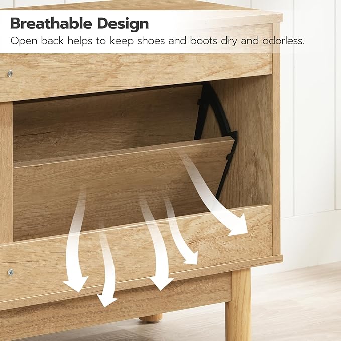 HOOBRO Shoe Storage Bench Entryway, Rattan-Like Shoe Bench with Flip Drawers, Narrow Shoe Rack Bench, Shoe Cabinet with Rattan Doors, Wooden Shoe Organizer for Entryway Hallway, Natural NL51HX01