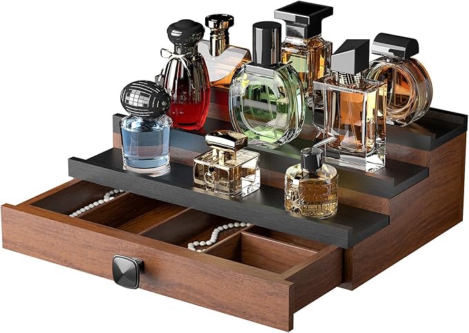 Cologne Organizer for Men: with Drawer, 3 Tier Wooden Cologne Stand Desktop Perfume Display Shelf, Bedroom Dresser Makeup Lotion Jewelry Storage Organizer 