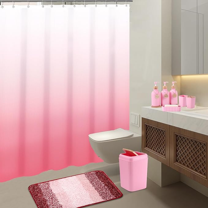 Bathroom Accessories,Bathroom Set with Shower Curtain,Rugs,Trash Can,Lotion Soap Dispenser,Toothbrush Holder,Soap Dish, Tags with Tray(Pink1 ),(Bath Set+Shower Curtain+Bath Rugs)