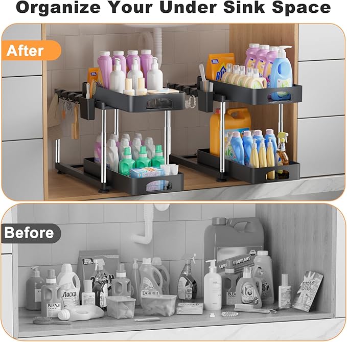Under Sink Organizer, Under Kitchen Sink Organizer, Height Adjustable Bathroom Cabinet Organizers and Storage, 2 Tier Pull-Out Multi-Purpose Organizer for Bathroom Kitchen Cabinet, Black, 2 Pack