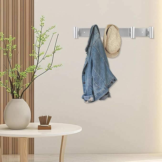 Silver Coat Hooks, Silver Wall Mounted Coat Rack – 5 T-Shaped Towel Rack for Hats, Bags & Towels, Heavy-Duty Metal Rail for Entryway, Bathroom, Closet, Bedroom