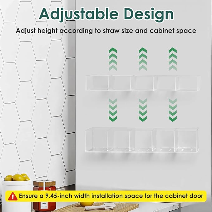 Straw Holder for Cabinet Door, 9.45âLarge Acrylic Reusable Tumbler Straw Organizer Storage Dispenser with Double Sided Adhesive,Under Cabinet & Wall Mount Drinking Straw Storage, Easy to Install