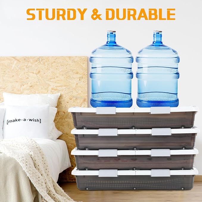4 Pcs Plastic Under Bed Storage Container with Double Opening Lid Wheel Handle, Transparent Large Capacity Stackable Latching Festival Storage Bin for Closet Bedroom, 31.5x15.8x5.2 In(Brown)