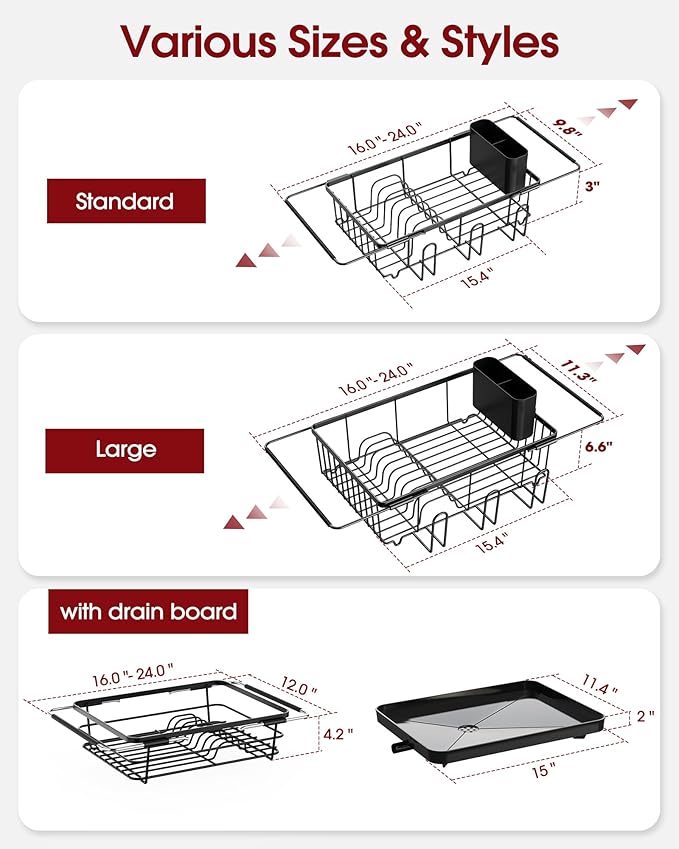 Dish Drying Rack in Sink - Expandable Stainless Steel Dish Rack Over The Sink, Kitchen Sink Drain Strainer with Cutlery Holder & Cup Holders, 15.4 x 11.3 x 6.6 Inch, Black