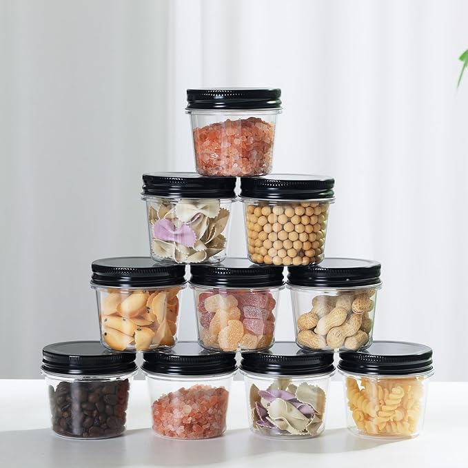 novelinks 4 oz Plastic Mason Jars with Lids, 60 Pack Small Containers with Lids 4oz, Slime Containers & Cake Jars & Small Spice Jars for Kitchen Organization (60 Pack,Black)