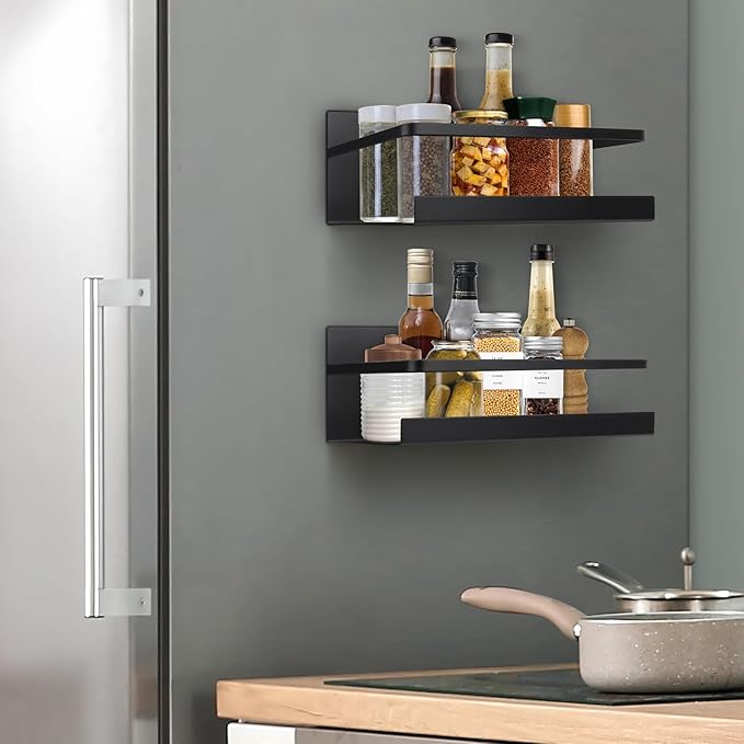 Seropy Magnetic Spice Rack Organizer, 2 Pack Magnetic Shelf for Refrigerator, Spice Organizer for Spice Jars Fridge Seasoning Organizer Spice Holder with 4 Hooks for Kitchen Organization and Storage