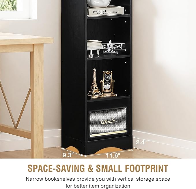 VECELO 6 Adjustable Shelf Narrow Storage Shelf - Elevated Dust-Resistant Base, Customizable Compartment Heights, Black Display Shelf for Small Spaces