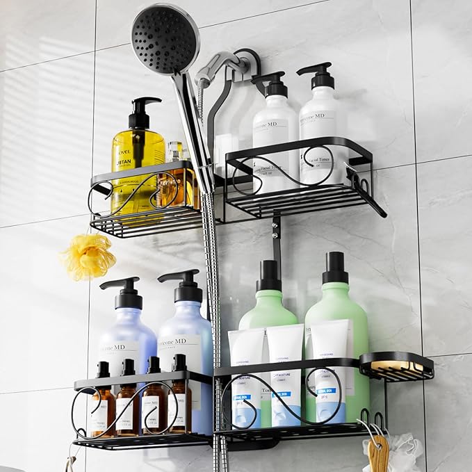 Kadolina Shower Caddy Hanging for Handheld Showerheads, Rustproof Stainless Steel Shower Organizer, Large-Capacity Bathroom Organizer Rack with Soap Dish and Hooks for Razor/Sponge, Black