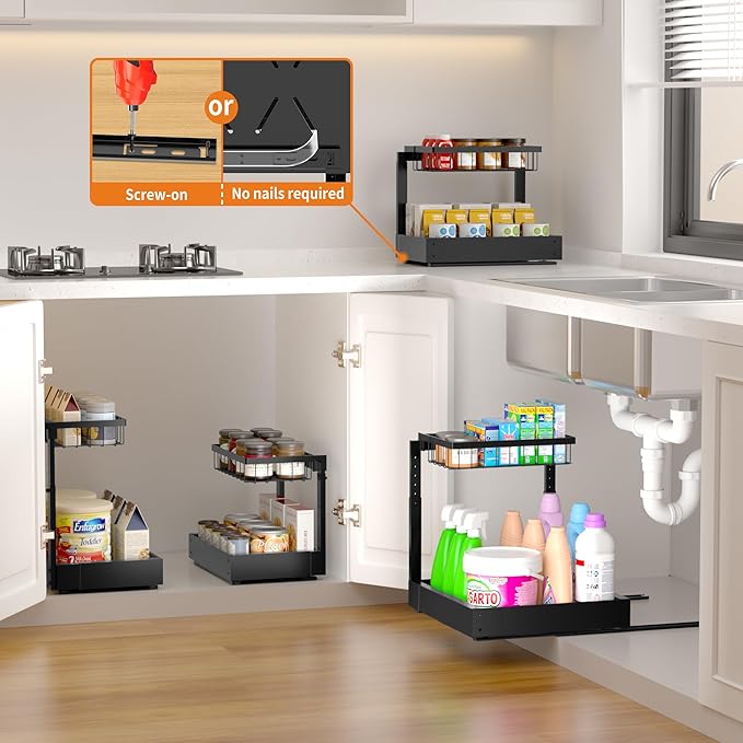 Expandable Under Sink Organizer and Storage, 2-Tier Adjustable Pull-Out Cabinet Organizers, Slide-Out Shelf with Width (9.9"-15.7") & Height (11.6"-15.6") for Kitchen & Bathroom
