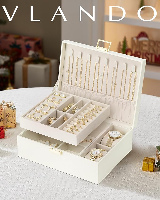 Vlando Jewelry Organizer,2 Layer Jewelry Box Large Jewelry Organizer for Women Removable Jewelery Tray with Watch Pillow for Necklace Earrings Rings Bracelets(Cream White)
