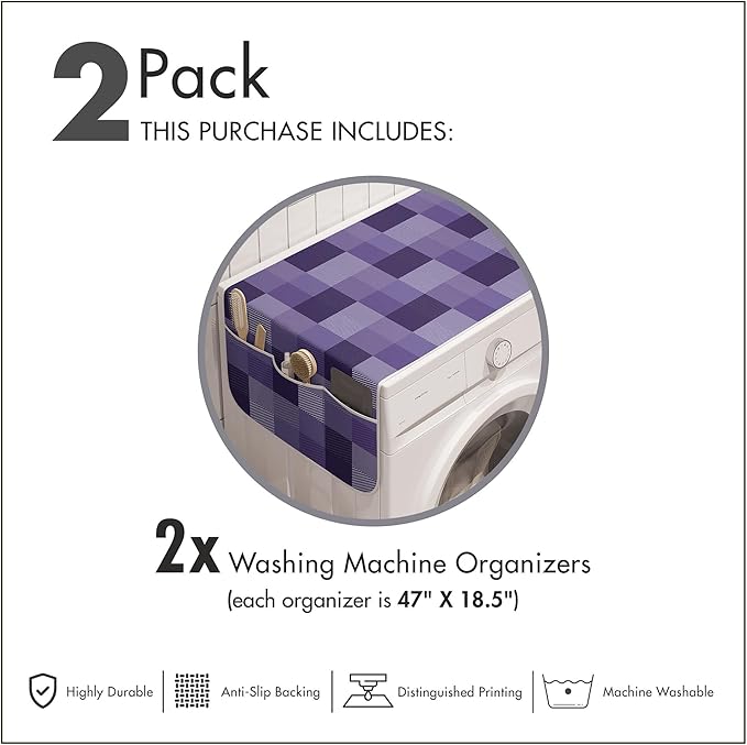 Ambesonne Abstract Washing Machine Organizer Pack of 2, Plaid Print Stripe Details a Monochrome Layout, Anti-Slip Cover for Washers Dryers, 47" x 18.5", Purple Quartz