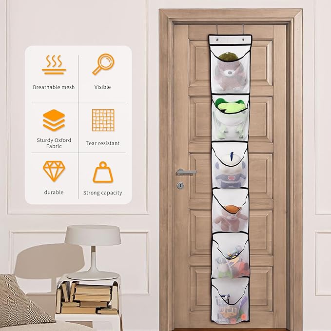 6 Large Breathable Mesh Pockets, Over The Door Shoe Organizer, Boots Hanging Storage Shoe Rack for Closet, Accessories - - White