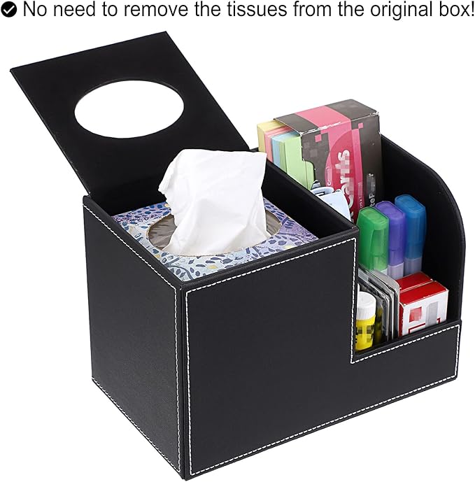 Sumnacon Square Leather Tissue Box Cover - Decorative Cube Tissue Box Holder with Side Organizer, Modern Tissue Box for Living Room Vanity Night Stand Table Countertop Office, Black