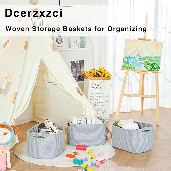 Grey Storage Baskets for Organizing Shelves, Woven Cotton Rope Basket for Storage, Gray Baskets for Toys, Cute Shelf Basket for Living Room Bedroom, 14.8"×11"×9.5", Pack of 3, Grey
