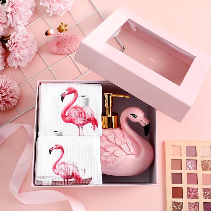 4 Pcs Flamingo Soap Dispenser Bathroom Accessories Soap Dispenser Lotion Pump and Flamingo Hand Towels with Gift Box Set for Home Bath Kitchen Decoration