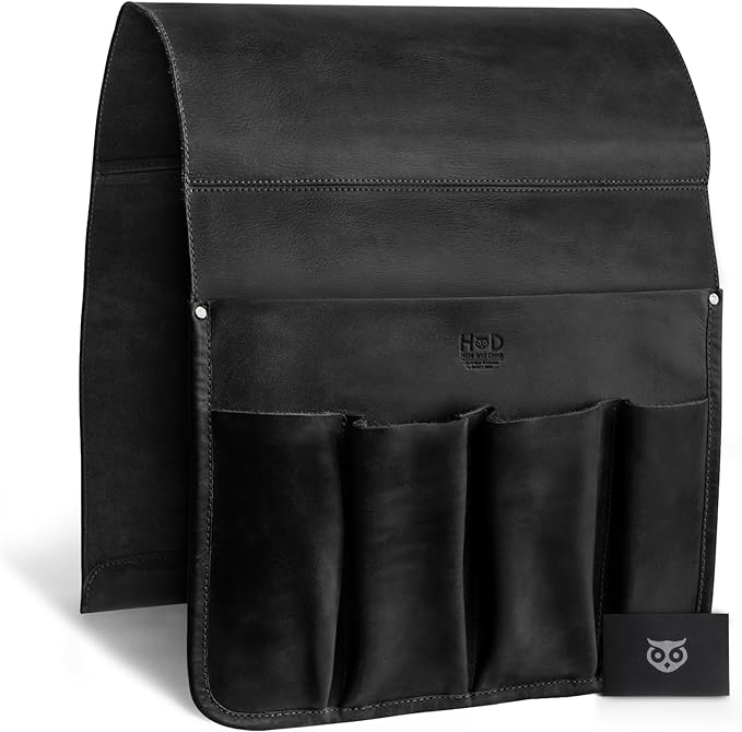 Hide & Drink, Magazine Holder for Sofa Armrest, Organizer Pouch, Armchair Caddy, Full Grain Leather, Handmade (Charcoal Black)