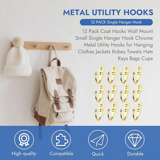12 Pack Golden Coat Hooks Wall Mounted, Rustproof Zinc Alloy Metal Hooks for Hanging Coats, Heavy Duty Utility Key Holder Hooks with Screws for Bathroom, Entryway, Kitchen, Hat, Towel, Cup, Robe