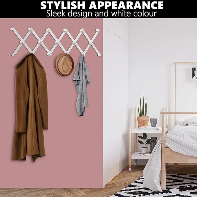 Amber Home Wood Accordion Wall Rack 17 Hooks (Pegs), Expandable Wall Mounted Hanger for Coat, Hat, Scarf, Coffee Mugs, X Shape Coat Hooks (White Color)