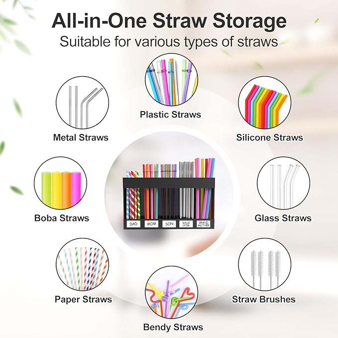 2 Pack 9.5” Large Acrylic Straw Holder for Cabinet Door with Detachable Ultra Sticky Adhesive Squares and Stickers, 2026 Reusable Straws Organizer Storage Dispenser for Kitchen Counter Cupboard