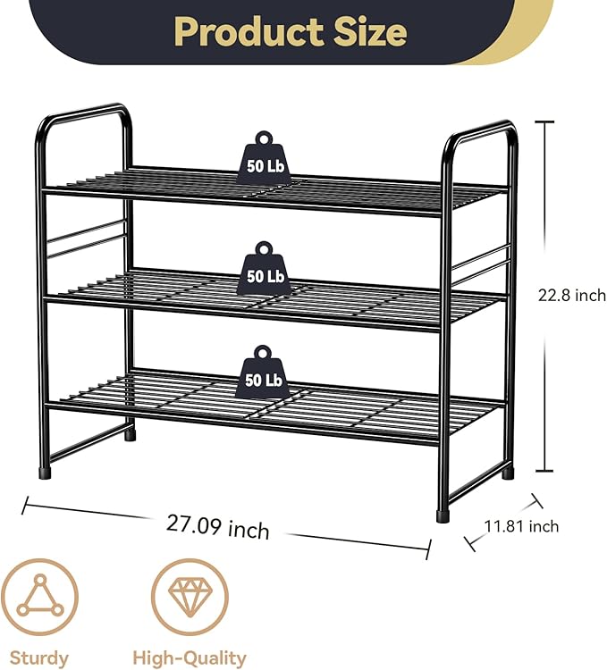 Shoe Organizer for Closet, Shoe Shelf Rack Metal 3 Tier with Stackable & Heavy Duty, Black