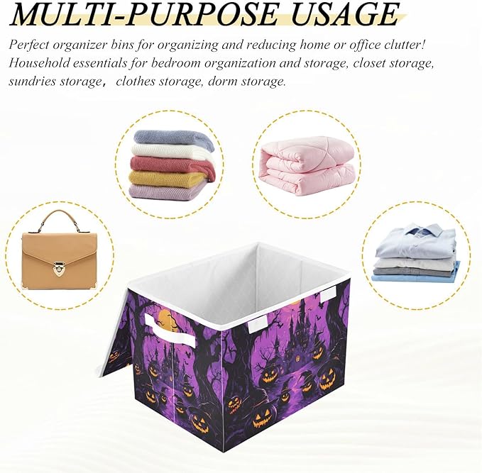 Collapsible Storage Bins with Lids Decorative Fabric Storage Cubes Closet Organizer and Storage Basket Boxes Containers for Clothes Box Chest Nursery Folding Rectangle Purple Castle Pumpkin