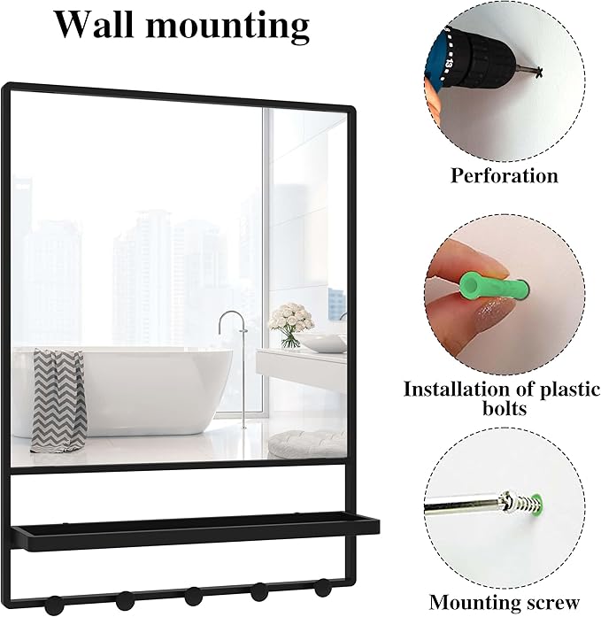 WONSTART Wall Mirror with Shelf and Hooks,Vanity Mirror with Hooks, 21 X 28 inch Metal Framed Bathroom Mirror with Shelf for Bathroom, Entryway, Bedroom, Living Room (Black, 21" x 28")
