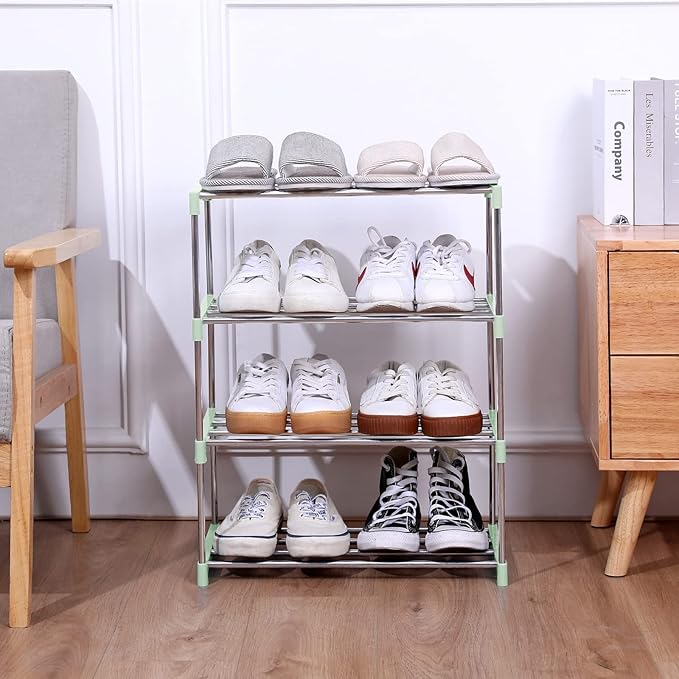 Stackable Small Shoe Rack, Entryway, Hallway and Closet Space Saving Storage and Organization (3-Tier, Green)