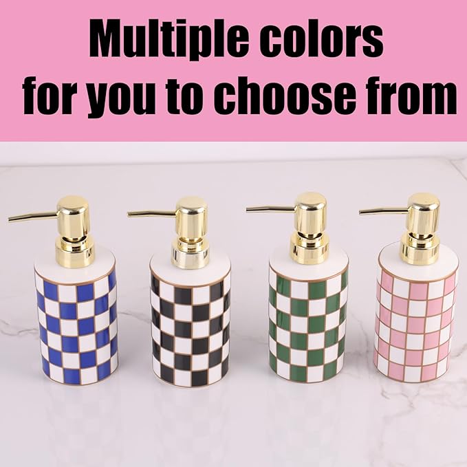 Checkered Bathroom Soap Dispenser,Gold Pump Ceramic Soap Dispenser,Kitchen Checkerboard Empty Pump Bottle,Bath Countertop Storage Organizer,Checkered Bathroom Decor (Pink)