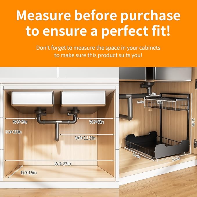 Under Sink Organizer, 2-Tier L-Shaped Pull Out Cabinet Shelf with 2 Installation Methods, Adjustable Sliding Storage Drawer for Kitchen, Bathroom, Laundry, Metal, Black, 2-Pack