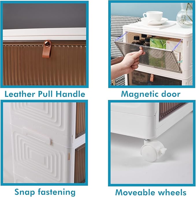 4-Tier Foldable Plastic Drawer Storage with Wheels,Stackable Storage Bins with Lid,Organization and Storage Boxes for Kitchen,Cloakroom,Closet,Living Room,Office and Dorm