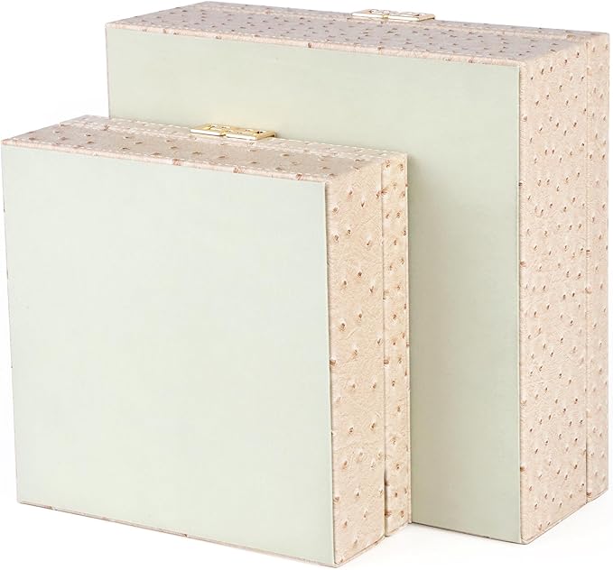 HofferRuffer Square Decorative Boxes, Set of 2 Nesting Storage Memory Keepsake Boxes with Lids, Stylish PU Leather Trinket Jewelry Organizer Box for Home Decor and Storage (CreamWhite Ostrich)
