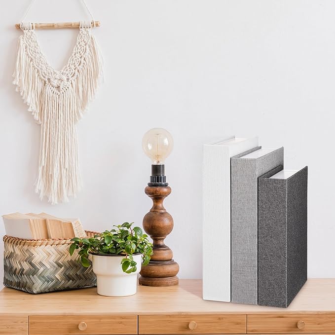 Tioncy 3 Pcs Fake Book Box Neutral Linen Book Box Decorative Faux Prop Storage for Farmhouse Home Decor shelf Table Card Photo DIY Keepsake Gift(Multi Sizes,Gray Tone)