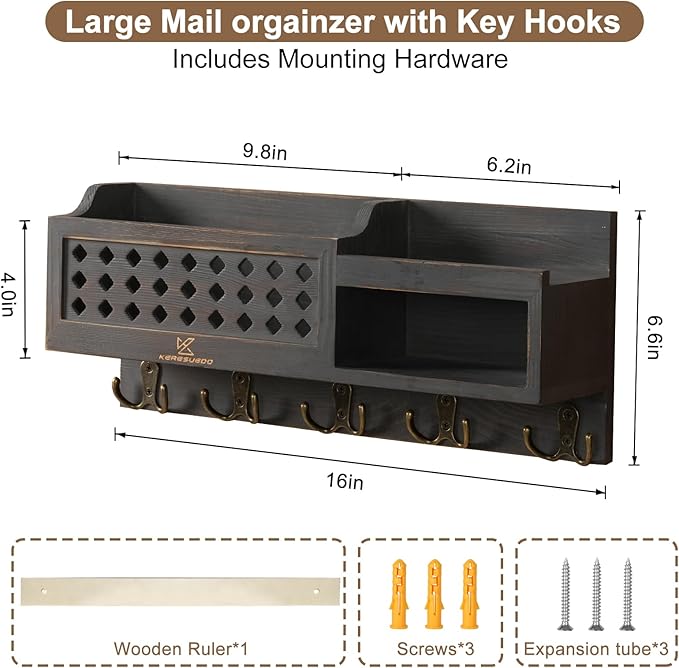 Key and Mail Holder Wall Mount - Mail Organizer Wall Mounted with Hooks and Storage Box, Key Rack for Entryway, Wall Mail Organizer for Home, Modern Farmhouse Decor, Easy Install Key Hanger (Black)