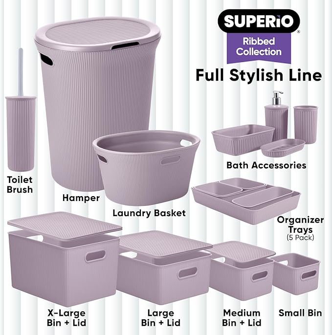 Superio Ribbed Collection - Decorative Plastic Basket Open Home Storage Bins Organizer, Small Lilac Purple (2 Pack) Container Boxes for Organizing Closet Storage Bins for Shelves 1.5 Liter