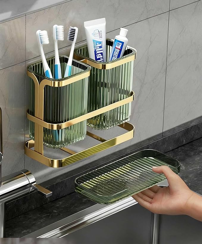 Toothbrush Holders for Bathrooms, Toothbrush Holder Wall Mounted, Kitchen Utensil Holder, 2 Cups Dry & Wet Separation, Kitchen Bathroom Tooth Brush Holder Organizers and Storage (Green Gold)