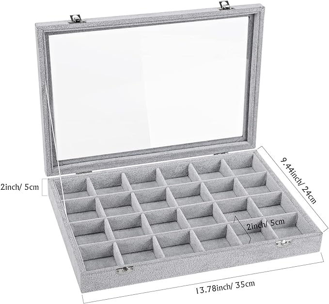 Emibele Velvet Jewelry Organizer Box, 24 Grids with Clear Lid Rings Earrings Bracelets Necklace Organizer Tray Showcase Display Jewelry Storage Case, Grey