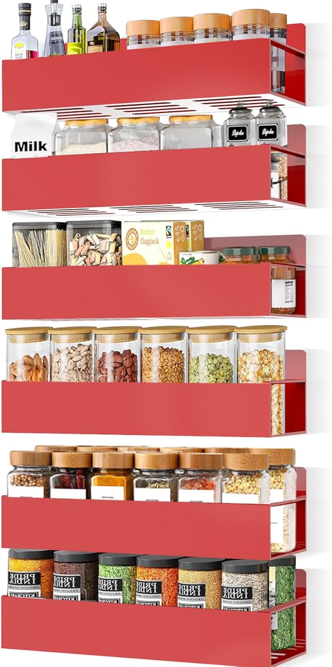 Magnetic Spice Rack Organizer for Fridge Seasoning Organizer for Kitchen storage with Screw Magnetic Shelf with Hook for Refrigerator and Oven (6pack-Red)