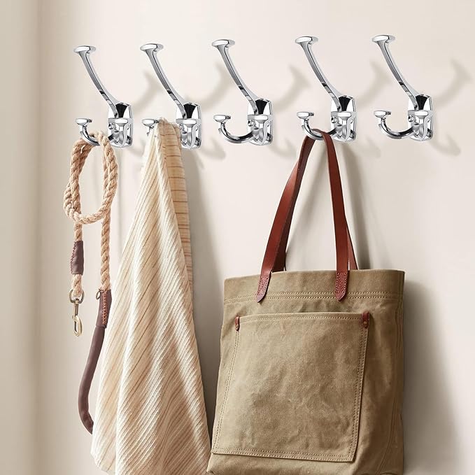 Large Wall Double-Sided Hook 10 Pack Polished Chrome Hook Decorative Heavy Duty Solid Large Coat Hooks for Towel Hanging Coats Robe Towel Bags Door Back 2 Prong Hooks