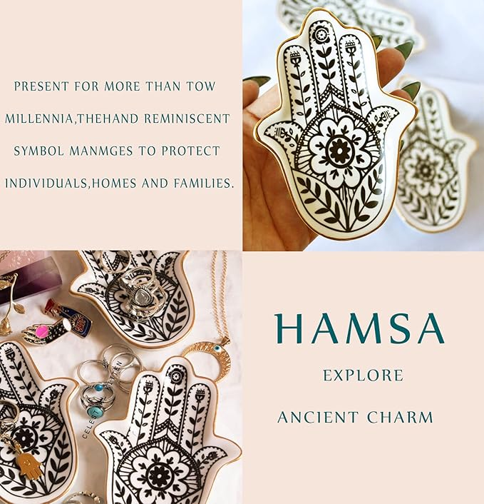 Jewelry Trinket Ring Dish Ceramic Hamsa Evil Eye Hand of Fatima Holder Key Ashtary Trinket Plate Bowl Small Boho Home Decorative Cute Decor Jewelry Tray Dish Gift Mom Brithday