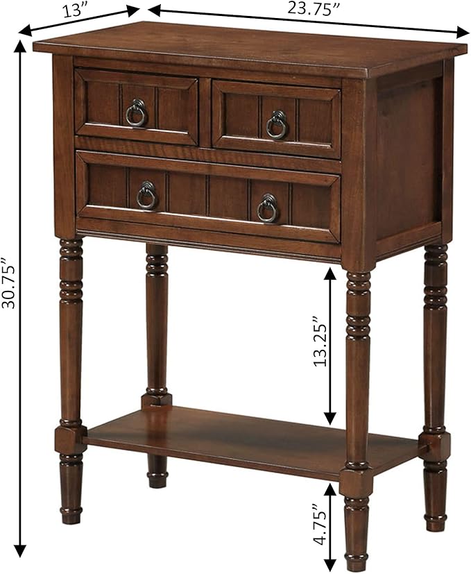 Convenience Concepts Kendra Entryway Hall Table 23.75" - 3 Storage Drawers, Traditional Console with Shelf for Decor, Office & Hallway Organizer, No Tools Assembly, Solid Wood Legs, Espresso