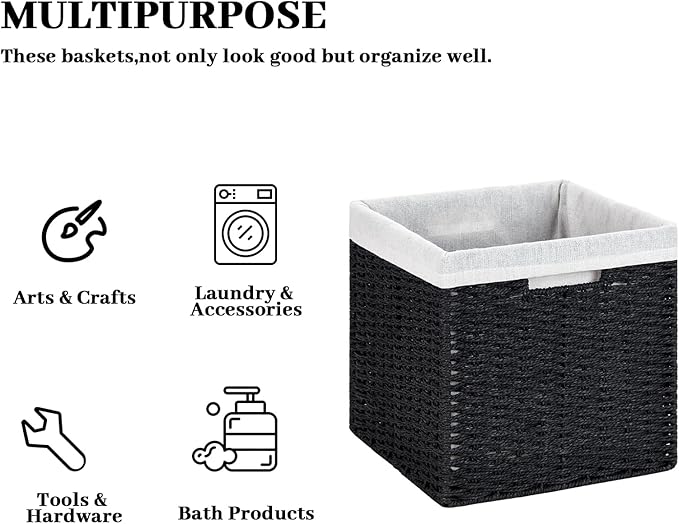 DULLEMELO Wicker Storage Baskets for Shelves, Woven Cube Storage Bins Set of 4, 11x11x11 inch Foldable Wicker Baskets for Shelves,Closet, Clothes, Toys-Black
