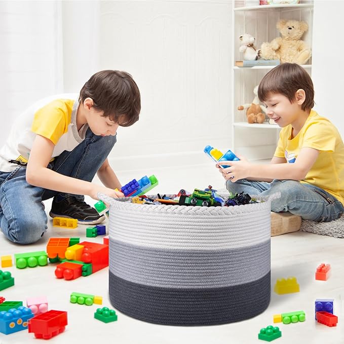 COMSE Extra Large Woven Blanket Laundry Basket, 21.7âx 13.8â, Nursery Hamper, Cotton Rope Laundry Hamper Living Room for Storage Toys Clothes Towels (White & Light Gray & Dark Gray)