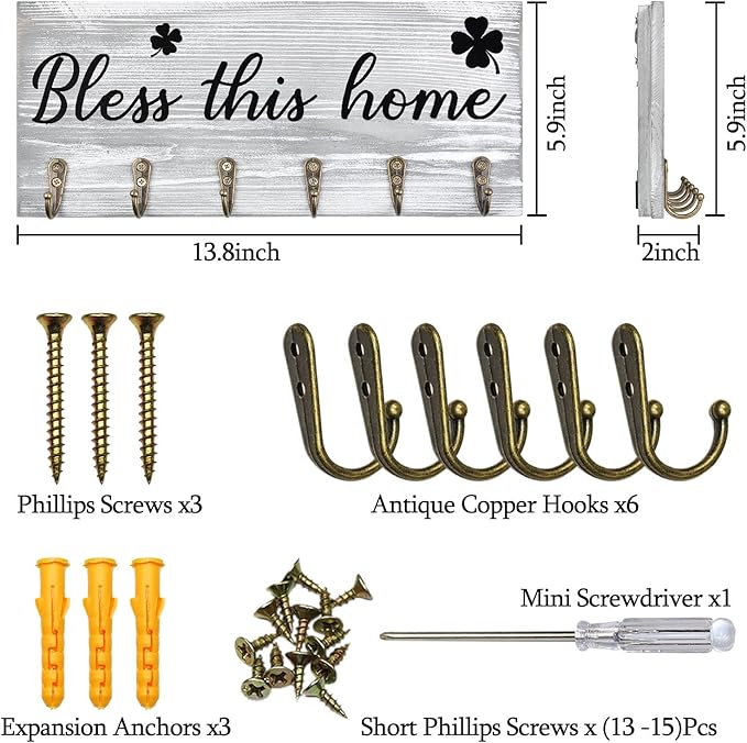 Key Holder Wall Mount with Words “Bless This Home”, Rustic Wooden Key Hanger with 6 Hooks for Farmhouse Home Entryway Living Room Decor - Light Grey