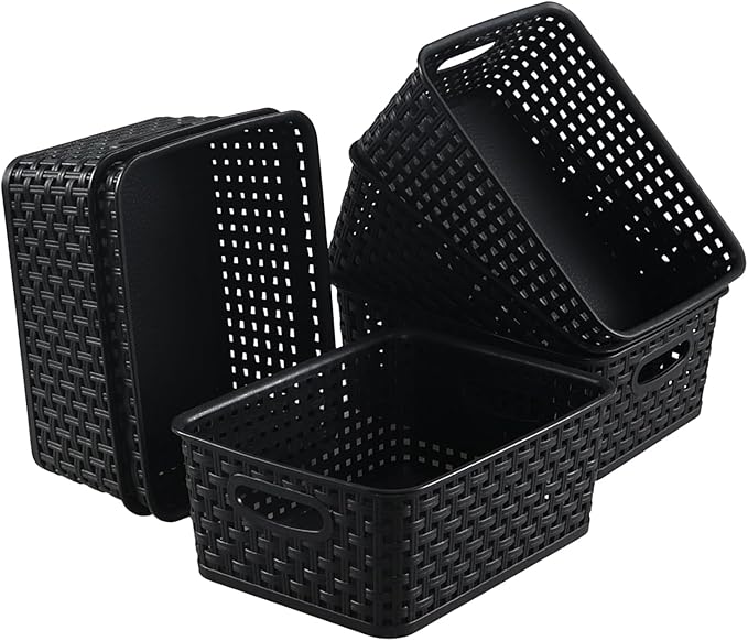 6-Pack Plastic Storage Baskets, Woven Shelf Basket with Cut Out Handle, Pantry, Classroom, Kitchen, Bathroom Organizer Bin, Black
