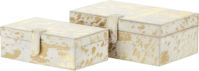 Deco 79 Leather Handmade Decorative Box Decorative Keepsake Boxes with Gold Foil Paint, Set of 2 Storage Boxes 8", 10"W, Gold