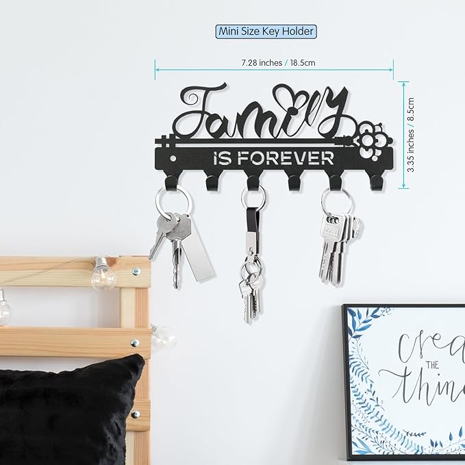 ”Family is Forever”Mini Key Holder Wall Mounted,Small Key Holder on Wall,Black Metal Decorative Key Rack Hooks for Garage,Mudroom,Hallway,Entryway,Front Door,Office(Mini Size:18.5x8.5cm)