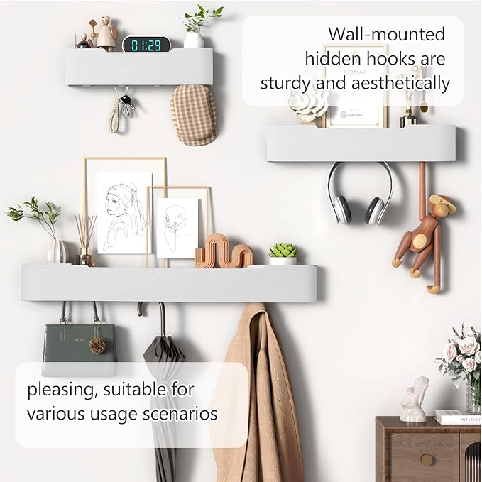 Coat Rack Wall Mount with Shelf 8 Hidden Hooks Modern Wooden Key Holder Entryway Organizer for Hallway Bedroom Bathroom Home Decor Storage for Hanging Coats Hats Bags Towels, White