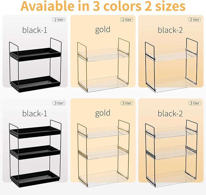 Bathroom Countertop Organizer, 3 Tier Metal Vanity Counter Skincare Shelf, Matte Black Under Sink Standing Rack With Acrylic Tray, Home Storage Holder For Lotion Makeup Cosmetics Perfume Spice